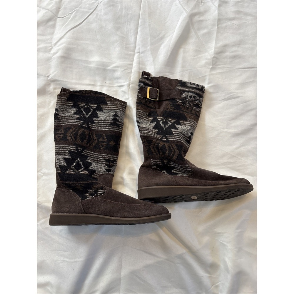 Sanuk Brown Navajo Suede Tall Faux Fur Boots Winter Warm Women's Size 8.5
